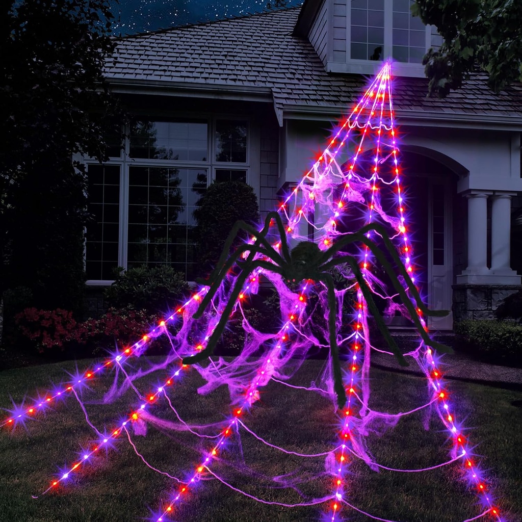 Halloween Spider Web Lights Decoration 250 LED Light up Spider Webs Halloween Decorations Outdoor with 59" Large Spider & 3.53 oz Stretch Cobweb 16.4 Ft Giant Web with 8 Modes (Purple & Orange)