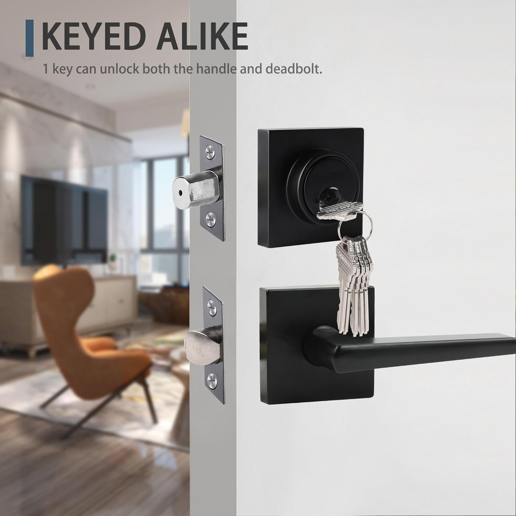 Black Front Door Handle and Deadbolt Set,Door Handles Interior，Front Door Lock Set，Door Locks For Front Door,Dead bolt and Door Handle Set, Square Heavy Duty Exterior Door Knob with Deadbolt,2pack