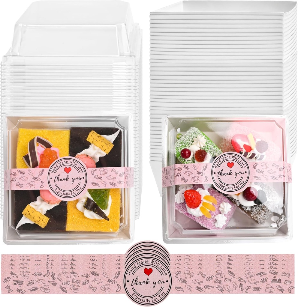 Paper Charcuterie Boxes with Clear Lids and Stickers - 50 SETS 4 Inches Square Disposable Food Containers Bakery Boxes for Bakery, Macaron, Sandwich, Slice Cake, Cookies, Hot Cocoa Bombs