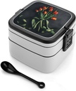 Adult Double-Layer Bento Box Tulips with Bows Portable Lunch Box with Spoon And Invisible Handle Leakproof Microwave-Safe Food Container for Work Travel Camping