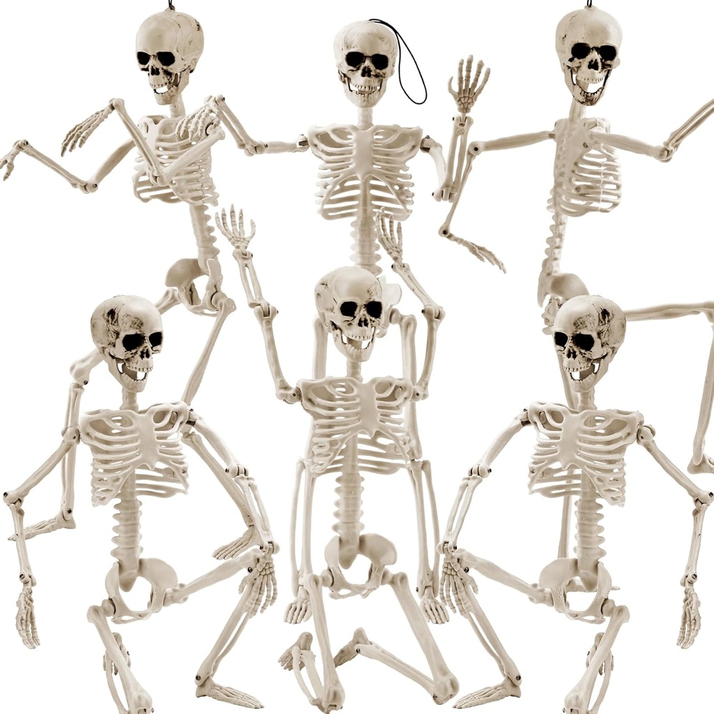 6 Pcs Halloween Skeleton Decorations, 16" Full Body Posable Skeletons Realistic Human Bones with Movable Joints for Party Lawn Haunted House Graveyard Props Indoor Outdoor Halloween Decor