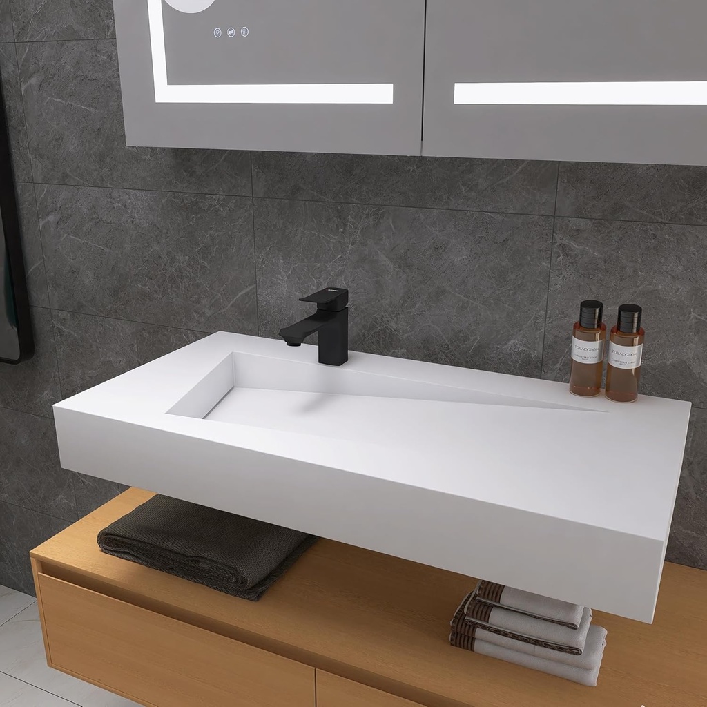 35'' Vessel Sink Wall-Mount Bathroom Sink V-Shaped Floating Sink Stone Resin in Matte White