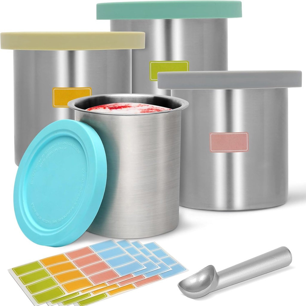 Stainless Steel Pints and Lids Replacement for Ninja Creami Containers, Compatible with Ninja Creami Ice Cream Maker NC300, NC301, NC299AMZ Series – 4 Pack 16 oz, Includes Writable Color Labels