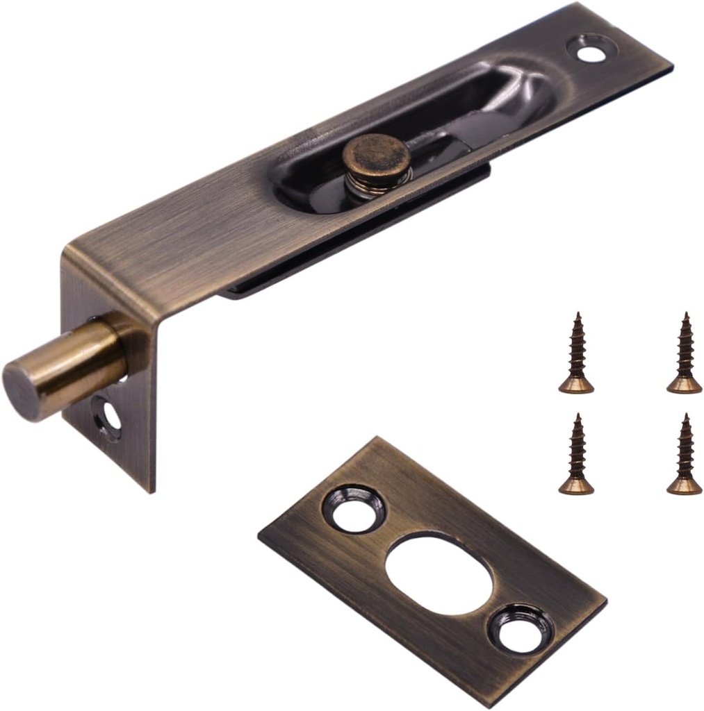 Saim Flush Bolt, 4 Inch Stainless Steel Door Flush Bolt Latch L Type Lever Action Flush Slide Lock Bolt for Wood Composite Doors, Double Doors - Brass Tone