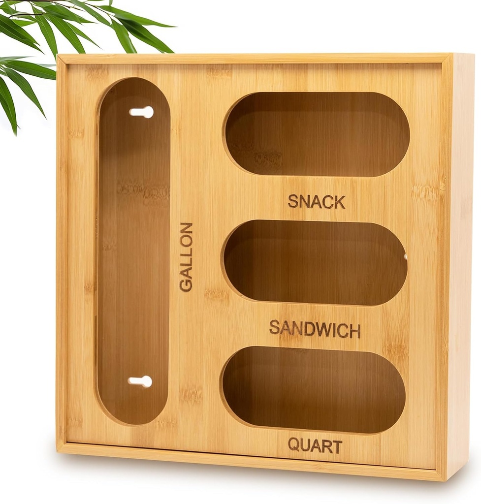 Bamboo Kitchen Drawer Organizer 4-in-1 - Storage Box for Food Bags, Sandwich Snack Gallon Quart Bags Space Saving Drawer & Countertop Organizer