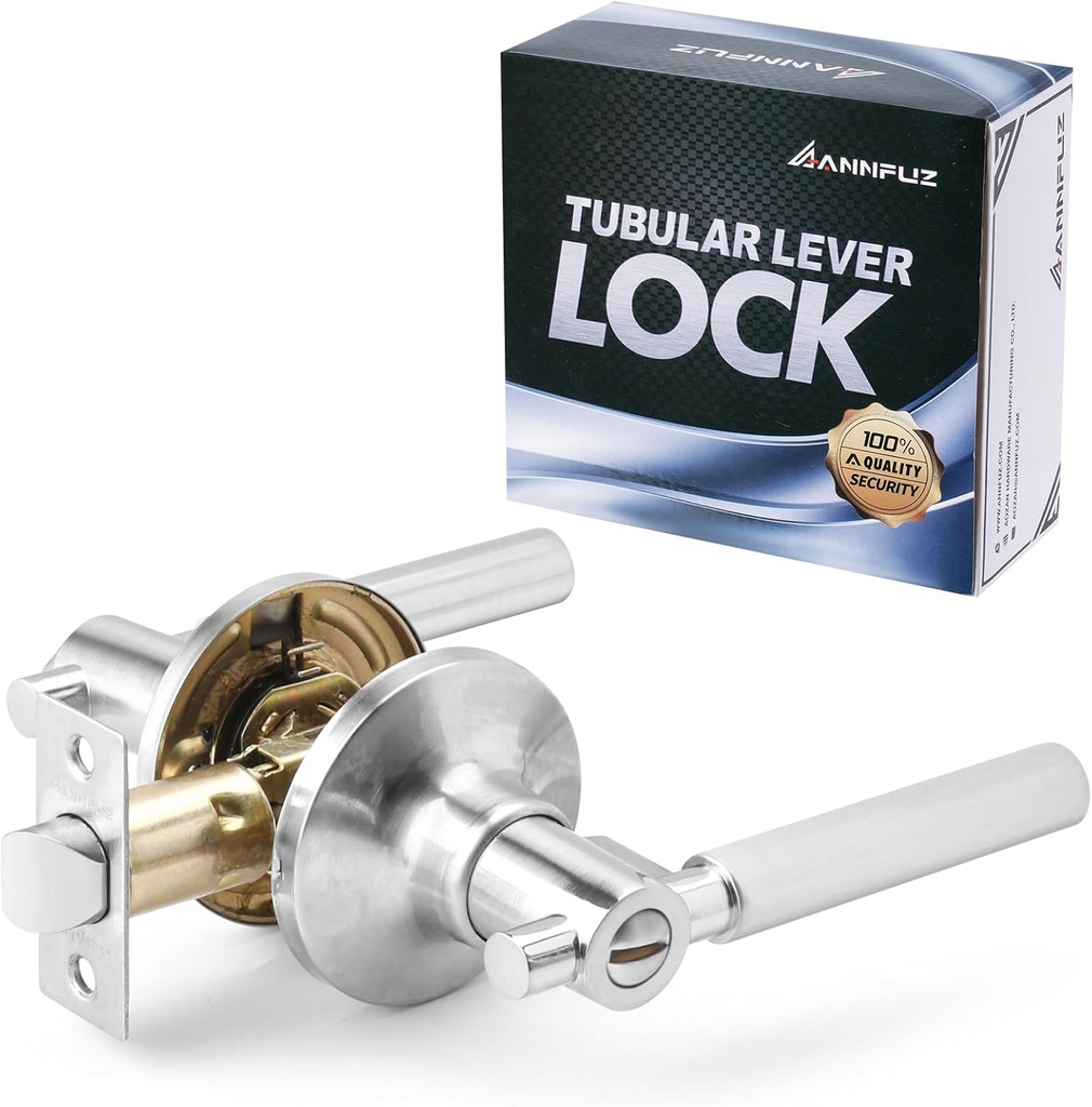Privacy Door Handle Lock Without Key,Interior Turning-Thumb Locking Lever,Exterior Emergency Access,Reversible Keyless Handle for Right & Left Side,for Bathrooms and Bedrooms(Satin Nickel)