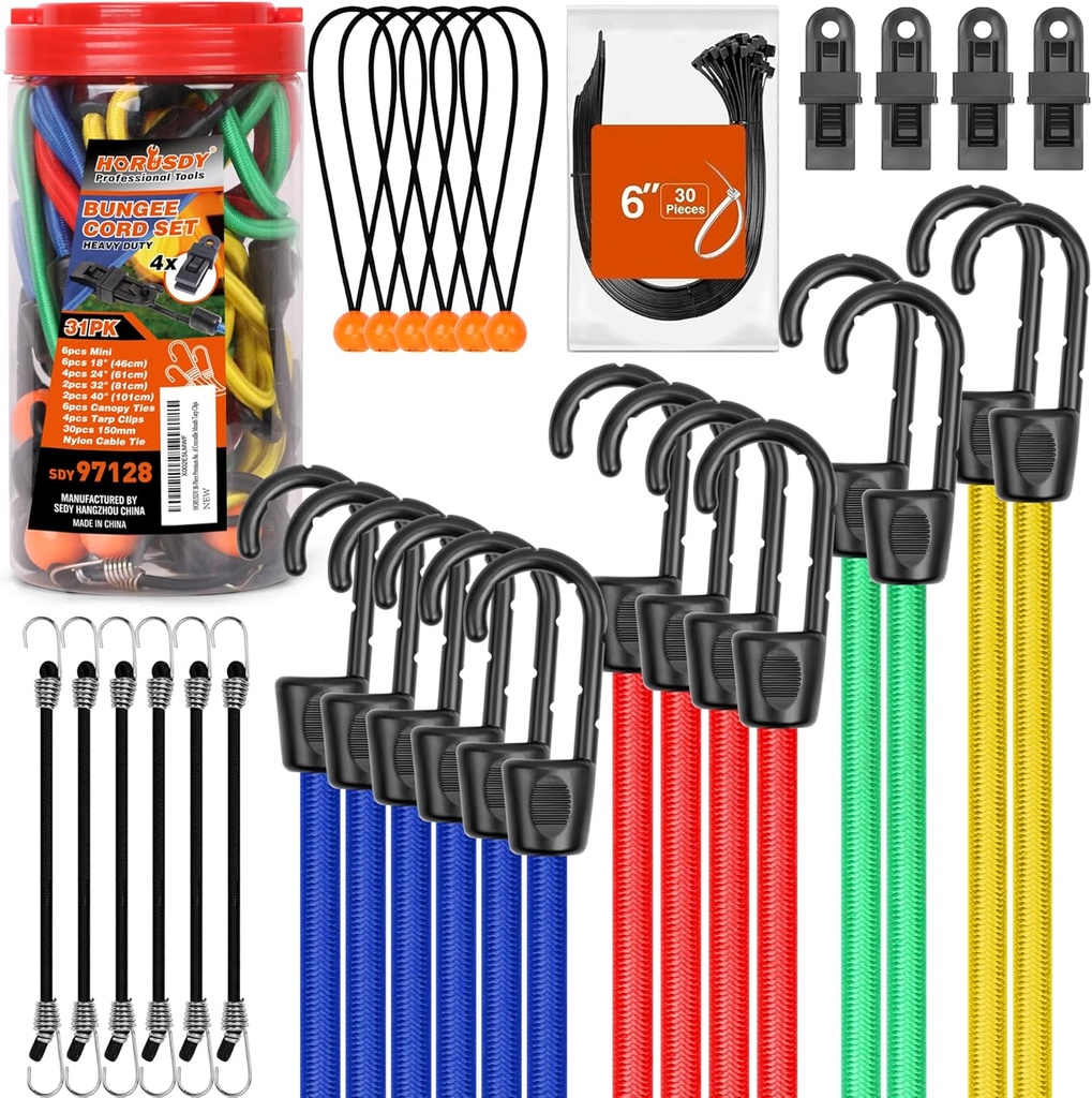 HORUSDY 31-Piece Premium Bungee Cords Assortment Jar, Includes 10”,18”,24”,32”,40” Bungee Cords, 6“ Zip Ties, 8”Canopy/Tarp Ball Ties and Crocodile Mouth Tarp Clips