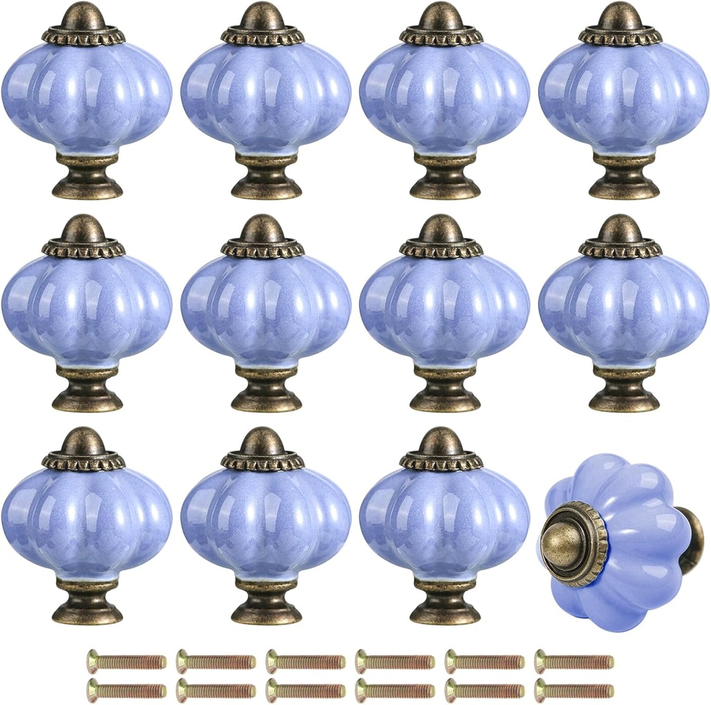 Pastel Boho Ceramic Drawer Knobs - Macaron Style Vintage Pumpkin Cabinet Knob Handles - Mediterranean Alloy Dresser Pull Handles with Screws for Closet Cupboard Wardrobe (12, Lavender)