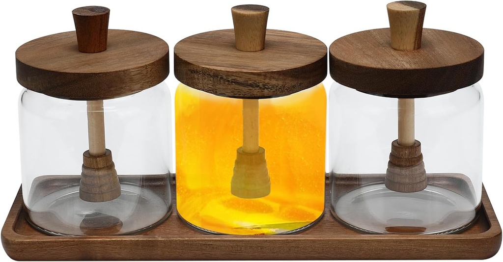 13oz Honey Pot Set,Glass Honey Jars with Dipper, BPA-Free Honeypot with Bamboo Lid,Wide Mouth Honeys Containers No Drip for Syrup,Sugar,Salsa Condiment Dispenser - Tray,Labels and White Markers