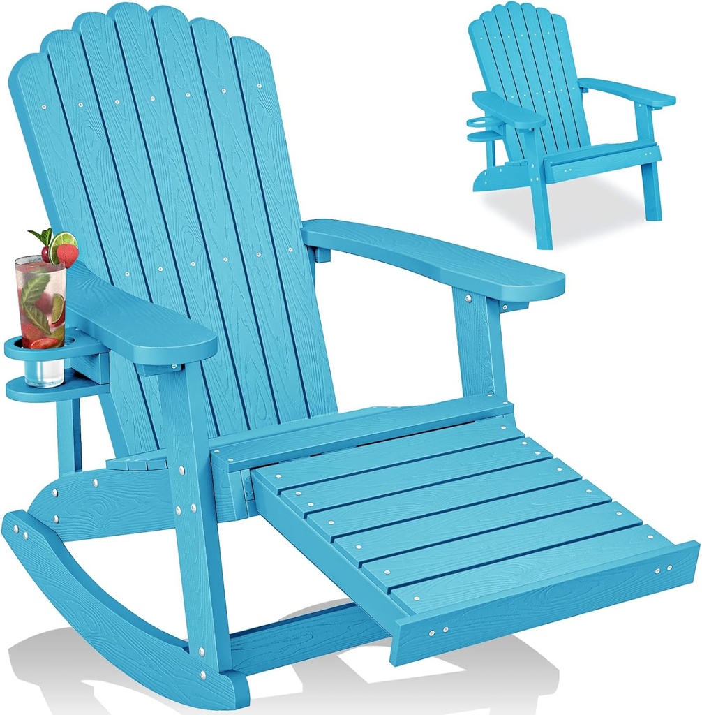 ZHUSI Adirondack Rocking Chair Outdoor with Retractable Ottoman and Cup Holder, Adirondack Chairs with Footrest, Wood-Like Porch Rocker for Patio，Backyard, Garden (Blue, 1 PC)