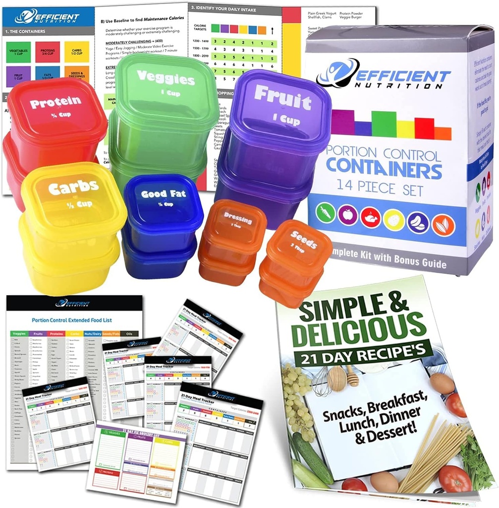 Portion Control Containers DELUXE Kit (14-Piece) with COMPLETE GUIDE + 21 DAY PLANNER + RECIPE eBOOK BPA FREE Color Coded Meal Prep System for Diet and Weight Loss