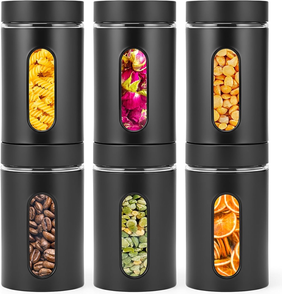 Patelai 6 Pack Kitchen Canisters Set Airtight Stainless Steel Canister Food Storage Container with Window Glass, Coffee Sugar Candy Jars Tea Organizer for Flour Cookies Spice (Black,32 oz)