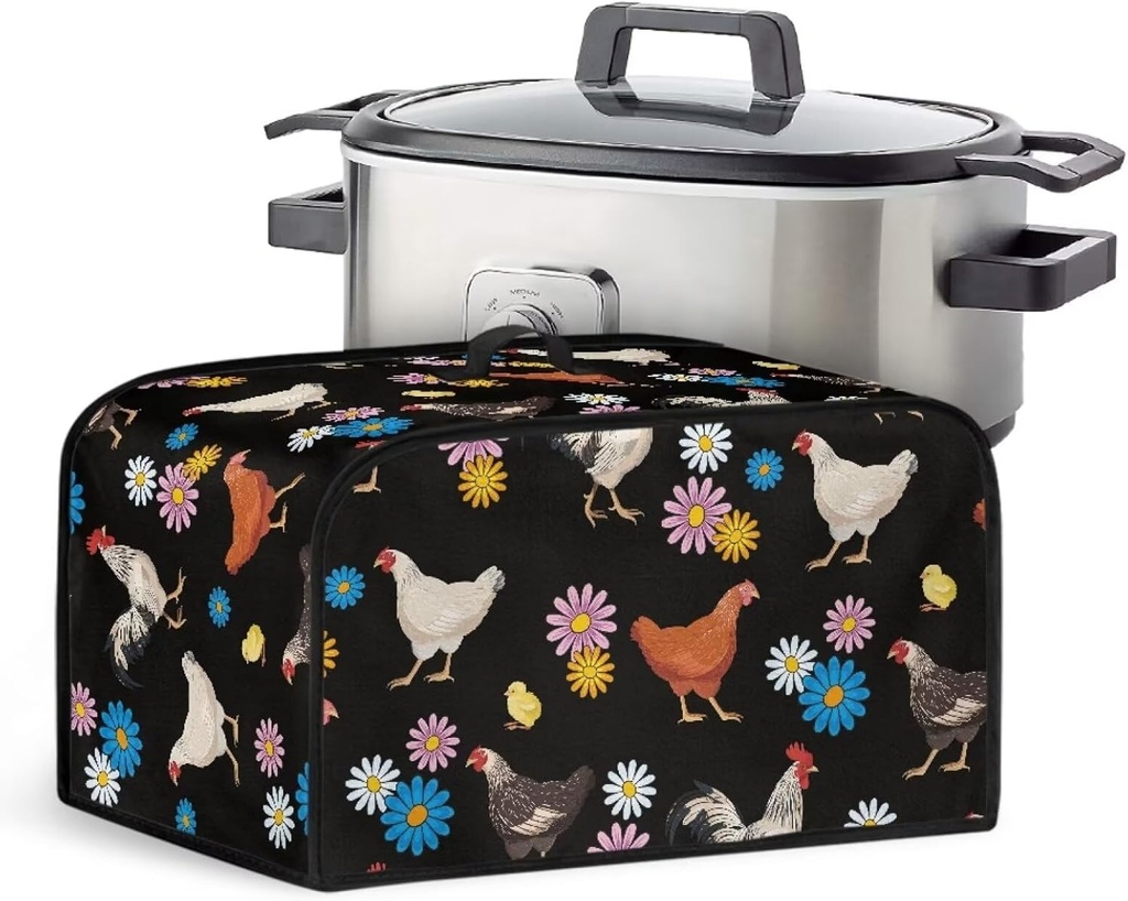 TODIYADDU Rooster Hen Slow Cooker Dust Cover with Handle Daisy Flowers Air Fryer Cover Insulated Travel Carrier for Women Lightweight Appliance Cover Dust Cover Trendy Home Decor Holiday Gifts