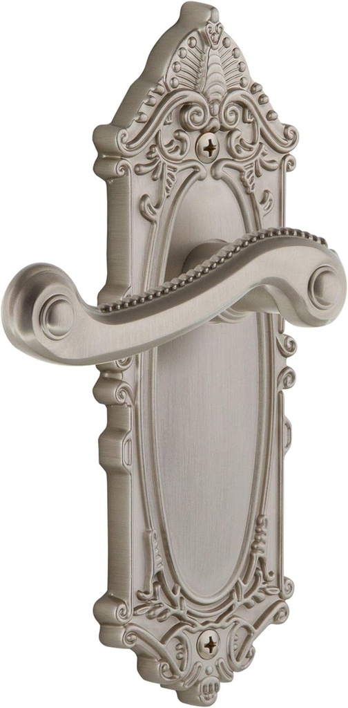 Grandeur GVCNEW_PSG_234 Grande Victorian Solid Brass Rose Right Handed Passage Door Lever Set with Newport Lever and 2-3/4" Backset - Satin Nickel
