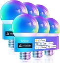 Linkind Matter Smart Light Bulb, WiFi Smart Bulbs, Work with Apple Home, Siri, Alexa, Google, SmartThings, RGBTW Color Changing Bulbs Mood Lighting, Music Sync, A19 E26 60W, 2.4Ghz WiFi 6 Pack