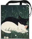 Black and White Cat Canvas Tote Bag for Women Couple Sleeping Kittens Aesthetic Floral Reusable Grocery Shoulder Bag for Shopping Gym Travel Work Cat Lover Totes Gifts