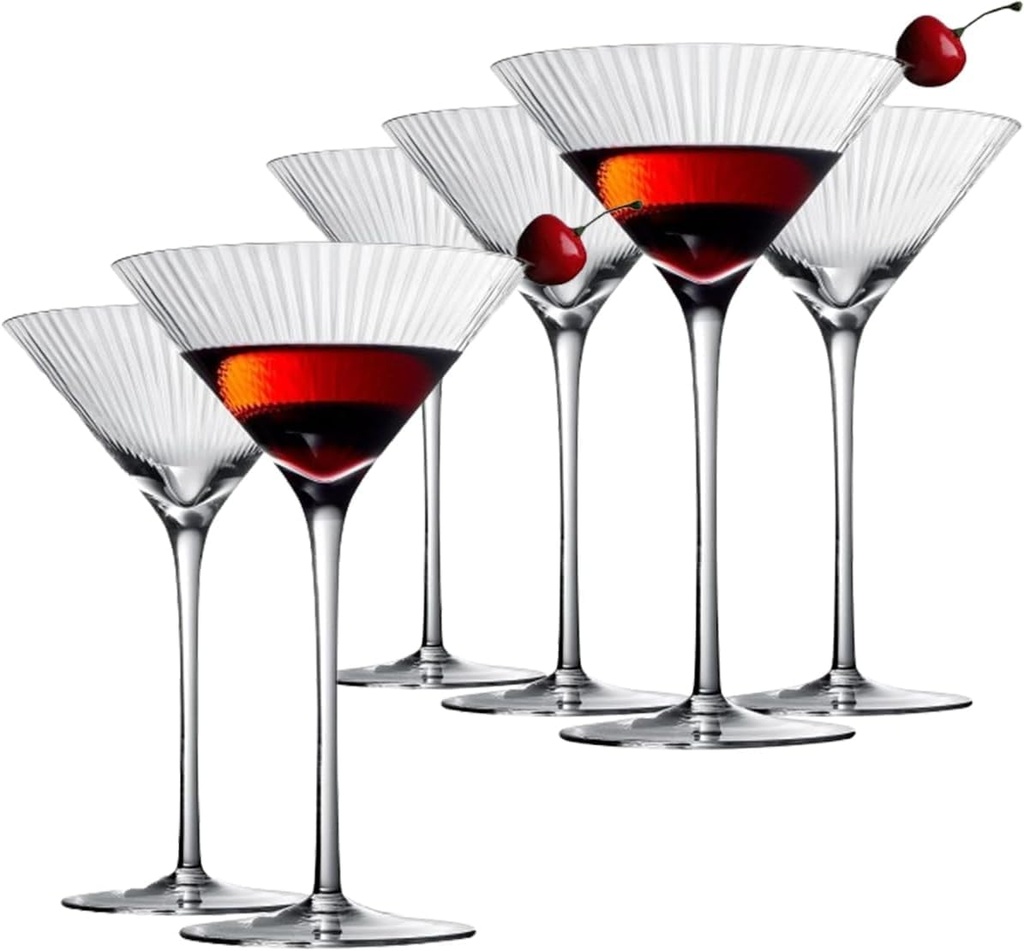 Hand Blown Ribbed Martini Glasses Set of 6, 10 oz Crystal Coupe Glassware – Elegant Design for Mixed Drinks, Champagne, and Wine (Set of 6)