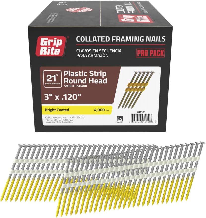 Grip-Rite GR301, 21-degree RH Plastic Strip Collated Fasteners, 3" x .120 Coated Smooth, 4,000 Nails, Reliable and Efficient