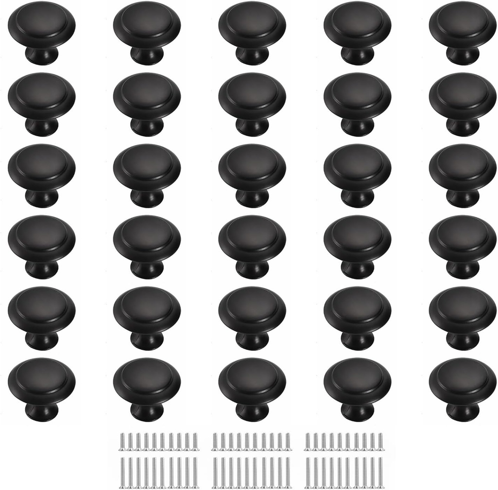 Black Cabinet Knobs, 30 Pack 1-1/5 inch Round Drawer Pulls, Dresser Knobs, Kitchen Knobs, Closet Cupboard Door Cabinet Knobs Pull Handles Hardware with Long Short Screws