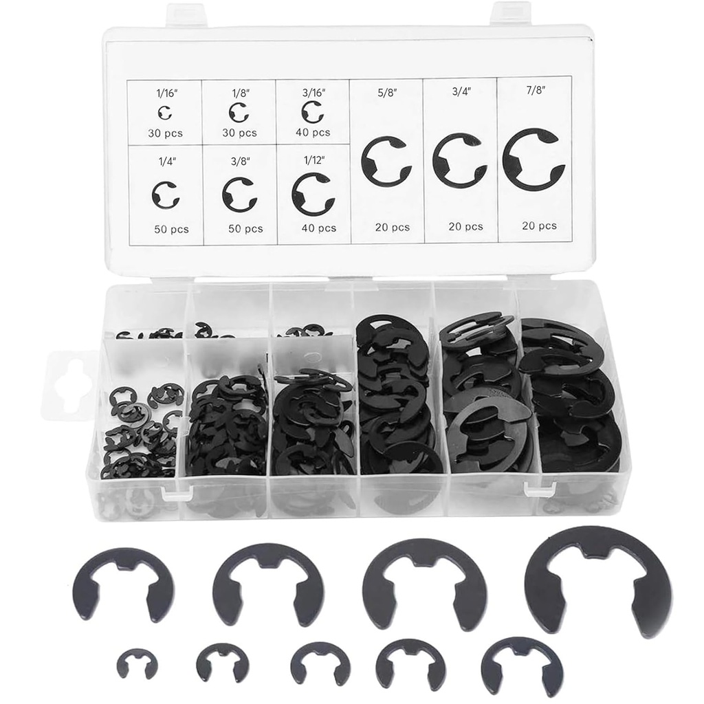 Boatsea 300Pcs E-Clip Circlip Assortment Set, External Retaining Clips Assortment Set, Alloy Steel Circlip Kit, Anti Walk Washers, Includes 17 Sizes of 1/16" - 7/8"