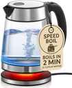 Exquisite Speed-Boil Electric Kettle For Coffee & Tea - 1.7L Water Boiler 1500W, Borosilicate Glass, Easy Clean Wide Opening, Auto Shut-Off, Cool Touch Handle, LED Light. 360° Rotation, Dry Protection