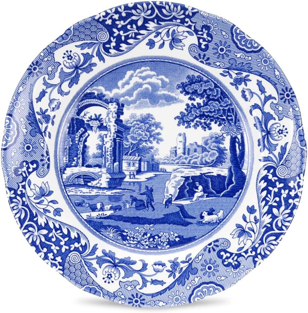 Spode Blue Italian 8-Inch Salad Dish - Fine Earthenware Serving Plate with Eastern Border Motif - Classic White Center - Microwave, Freezer, Oven, Dishwasher Safe, Great for Gifting
