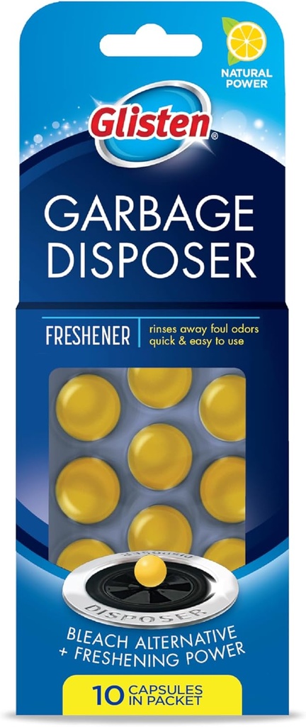 Glisten Garbage Disposer Freshener, Sink Disposal Odor Eliminator, Quick and Easy-to-Use, Lemon Scent, 10 Capsules