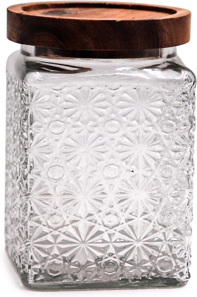 TOSSOW Vintage Glass Storage Jar, 24oz Food Containers with Wooden Lid,1Pack Stars Embossed Canister, Airtight Glass Jars for Candy, Cookie, Sugar, Nuts, Coffee bean (Stars+Square)