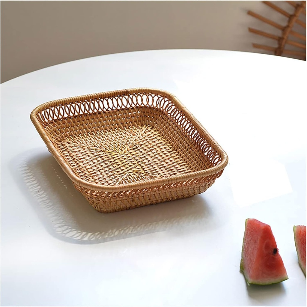 Rattan Bread Basket Woven Storage Basket Kitchen Bread Box Rattan Toys Storage Boxes Square Fruit Plate Trays Organizer Home Decor (Size : Small)