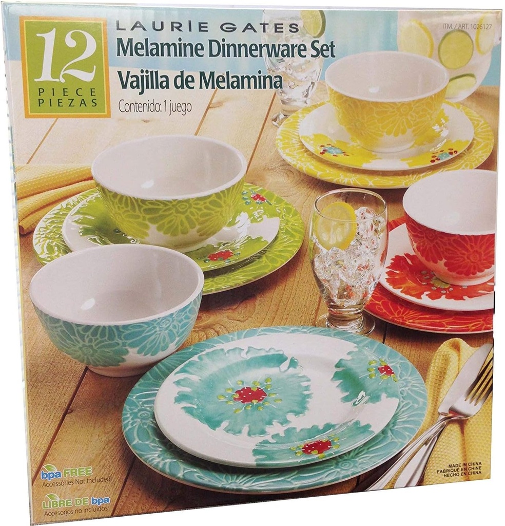 Laurie Gates - 12 Piece Melamine Dinnerware Set (Red, Yellow, Green, Blue)