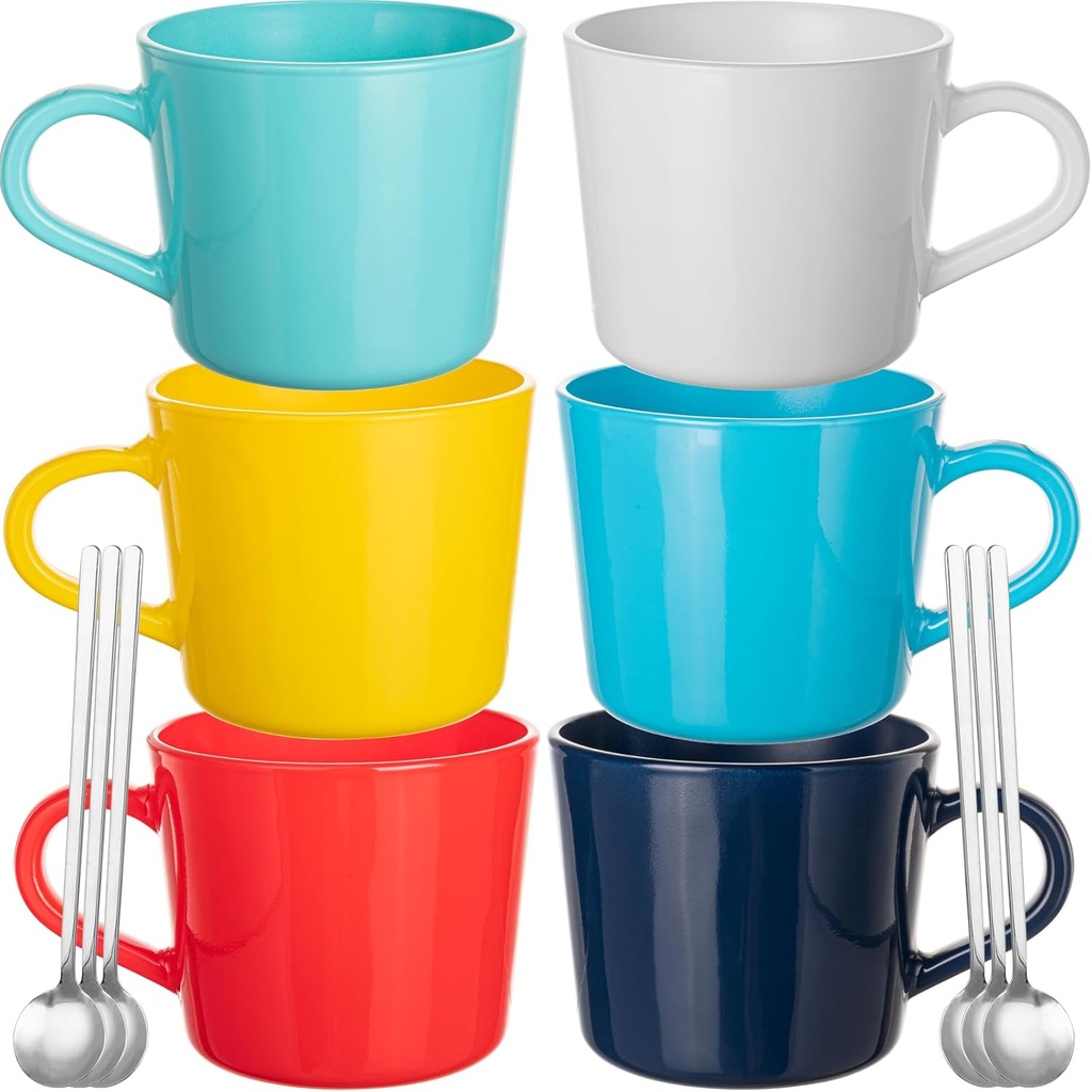 Jumbo Coffee Mugs Set of 6, 14 oz Large Capacity Coffee Glasses with Handles, Coffee Mug with 6 Spoons, Large Mugs, Coffee Cups for Latte, Espresso Coffee, Juice, Tea (Hot Assorted Colors)