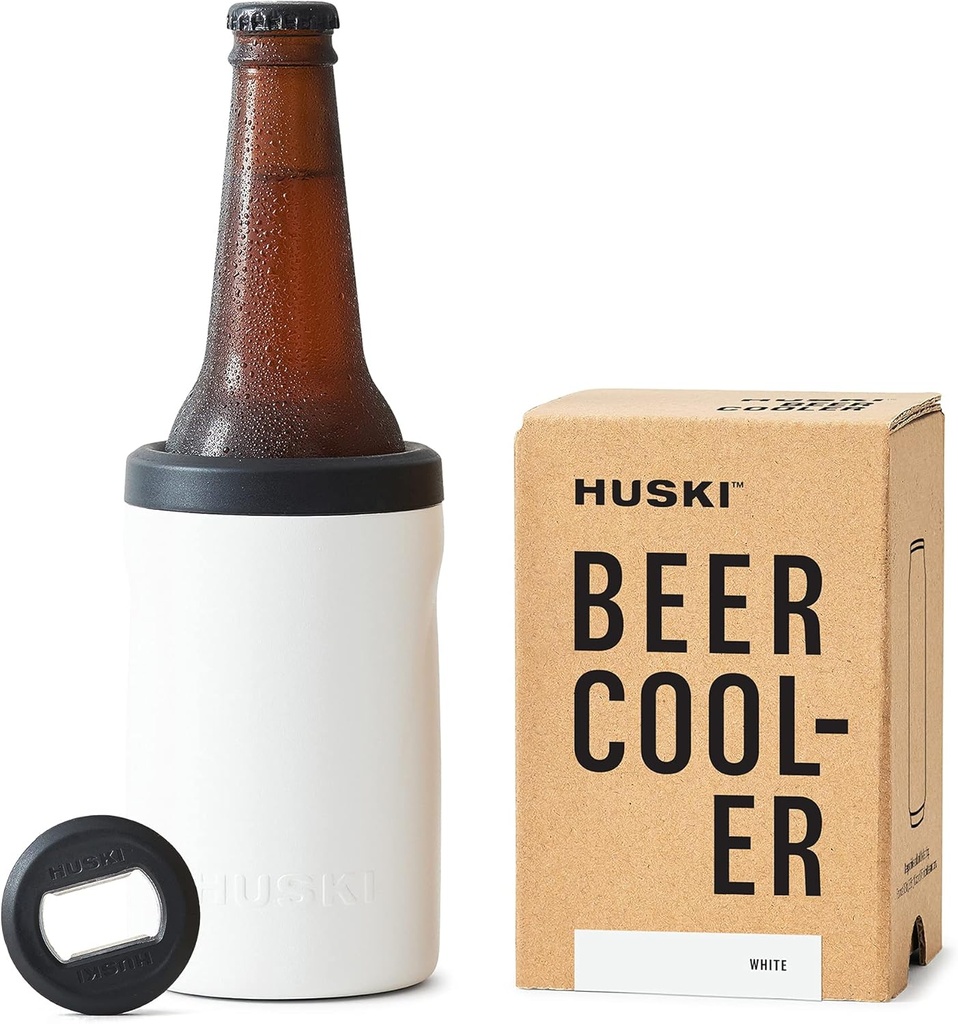 Huski Beer Cooler 2.0 | NEW | Premium Can and Bottle Holder | Triple Insulated Marine Grade Stainless Steel | Detachable 3-in-1 Opener | Works as a Tumbler | Best Gifts for Beer Lovers (White)