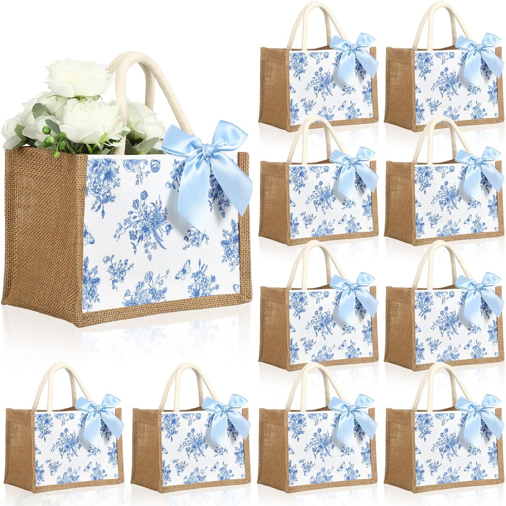 12 Pcs Floral Burlap Tote Bag with Handle Blue White Chinoiserie Jute Bag with Ribbon Bow for Party Bridesmaid Gift