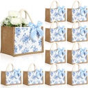 12 Pcs Floral Burlap Tote Bag with Handle Blue White Chinoiserie Jute Bag with Ribbon Bow for Party Bridesmaid Gift
