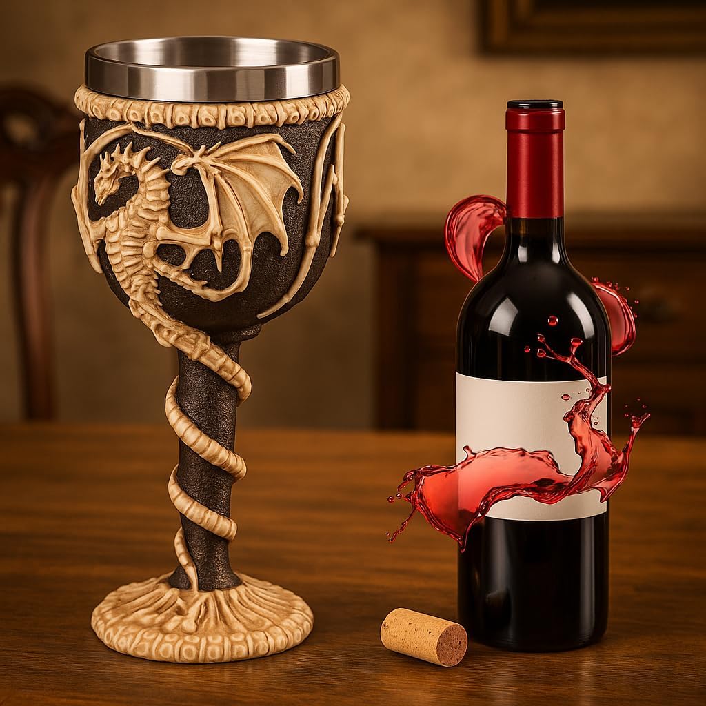 3D Skull Dragon Medieval Goblet,Stainless Steel Dragons Chalice Goblet,7oz Gothic Skeleton Wine Goblet,Dragon Fans Gift for Party Decor and Halloween/Christmas/Birthday