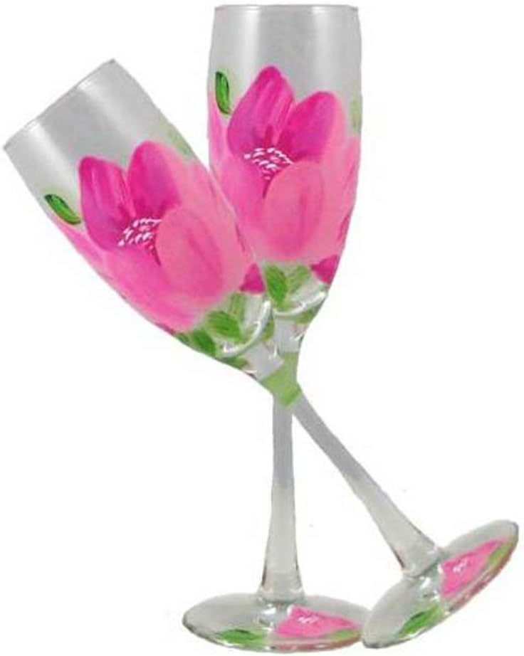 Hand Painted Champagne Flute Set of 2 - Polynesian Peony Collection - Hand Painted Glassware by USA Artists - Unique and Decorative Champagne Glasses, Kitchen Table Décor