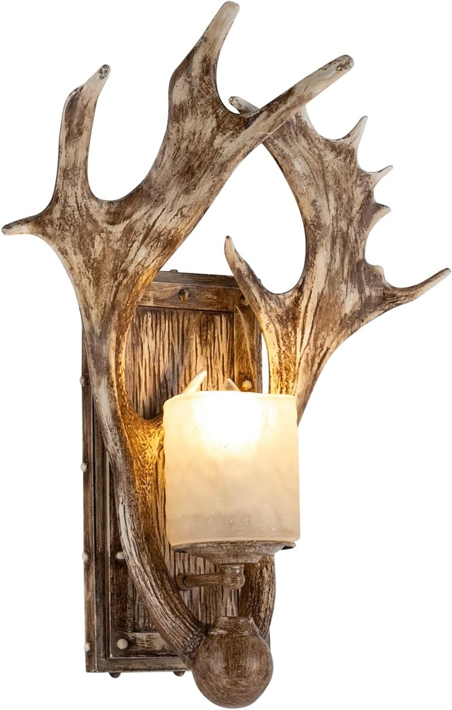 Indoor Antler Wall Sconce with Frosted Resin Lampshade, Rustic Faux Resin Antler Wall Mount Light Fixtures for Bedroom Bathroom Hallway Entrance Retro Wall Decor, E12 Base