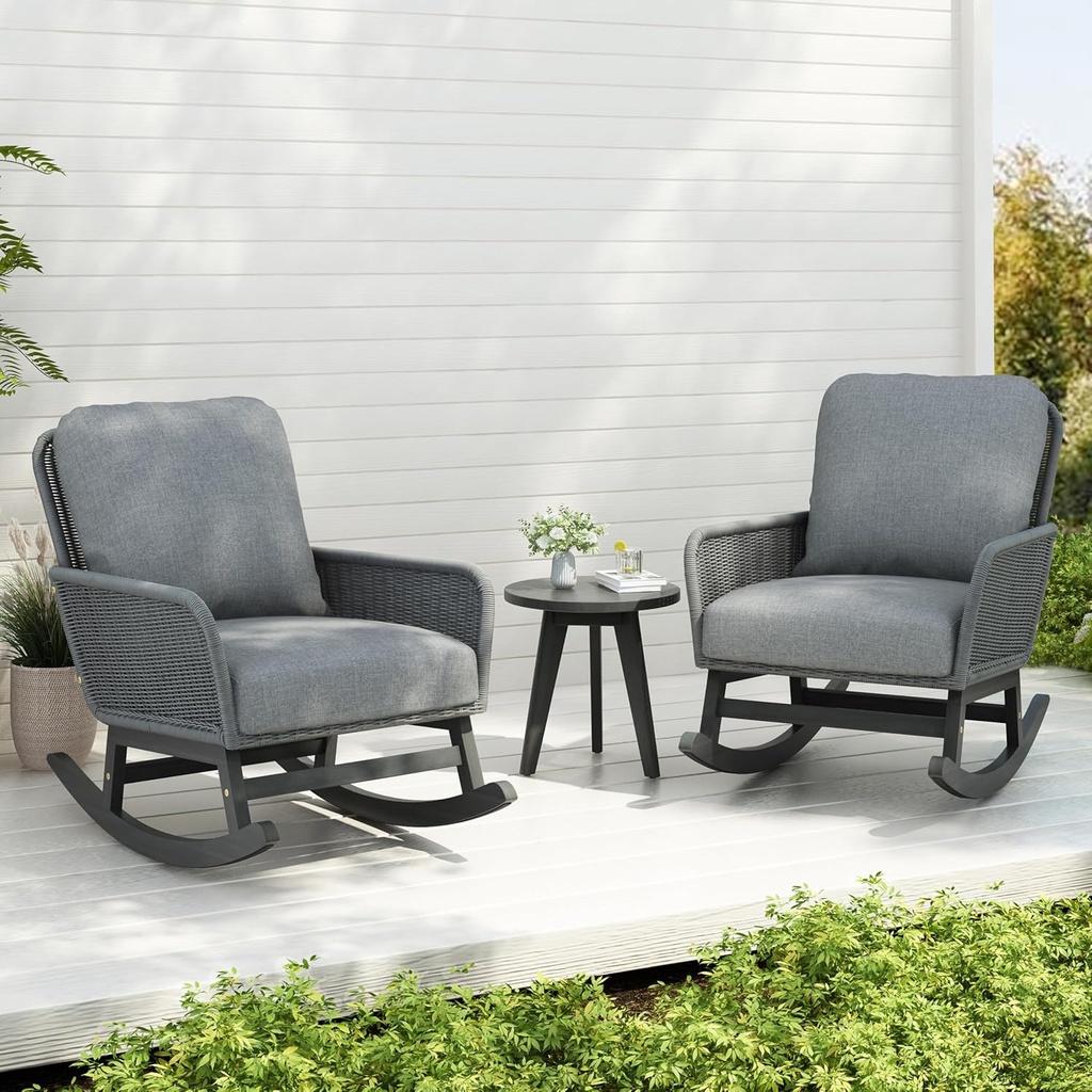 3-Piece Outdoor Rocking Chair Set with Side Table - All-Weather PE Wicker Patio Furniture Modern Rattan Seating for Small Spaces, Balcony, Garden, Porch