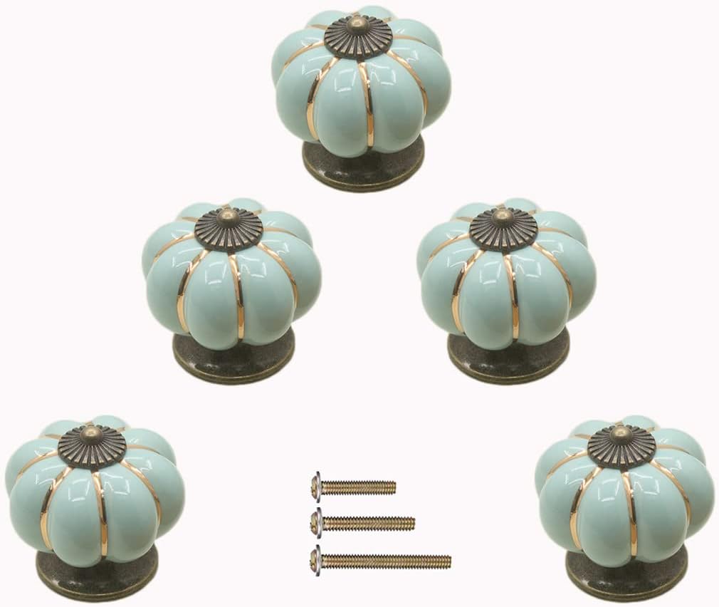5 Pack Retro Vintage Ceramic Pumpkin Cabinet Knobs, Kitchen Cabinet Drawers Dresser Cupboard Pull Handles Door Pulls with 3 Kinds of Screws (5 Pack, Sky Blue)