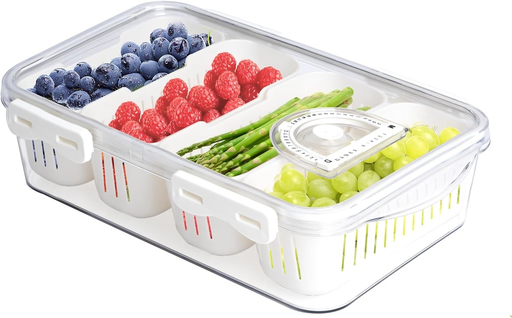 MANO Divided Snackle Box Charcuterie Container with 4 Compartment Serving Tray with Dividers for Fridge Refrigerator Veggie Fruit Berry Salad Storage(1 Pack)