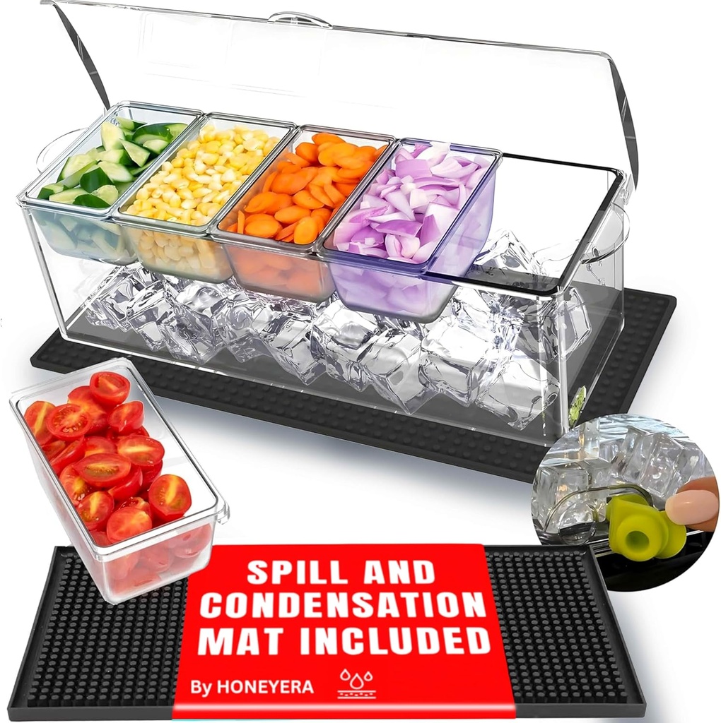 Honeyera Chilled Condiment Server | Hosting Essentials for Up to 80 Oz of Ice | Mimosa Bar Supplies Drain Plug | BPA-Free Taco Bar/Salad Bar | Food-Safe Condiment Caddy (Parent) (Black, 1 Pack)