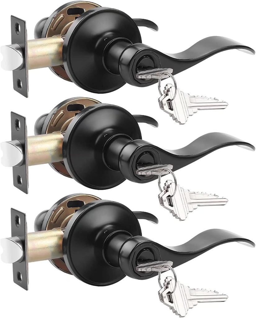 Probrico (3 Pack Keyed Alike Entry Door Lever [Lock with 3 Combo Keys],Locking Door Handle for Office or Front Door,Black Finish Wave Entrance Door Lock, Reversible Right & Left Side Handed