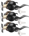Probrico (3 Pack Keyed Alike Entry Door Lever [Lock with 3 Combo Keys],Locking Door Handle for Office or Front Door,Black Finish Wave Entrance Door Lock, Reversible Right & Left Side Handed