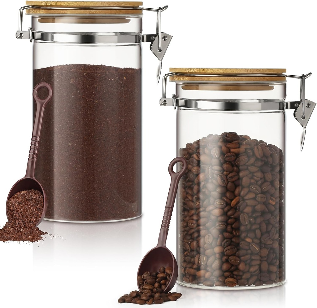 2 Pack 40.5oz Coffee Bean Storage Container with Airtight Bamboo Lids Glass Airtight Coffee Canister with Scoop Storage Container for Grounds Tea Cereal Sugar