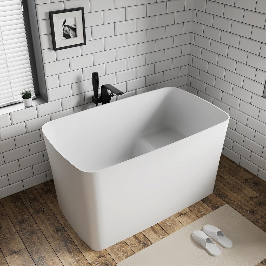 GIVINGTREE 47" Solid Surface Resin Freestanding Bathtub with Seat Design, Modern Deep Stone Resin Japanese Soaking Bathtub，cUPC Certified，White