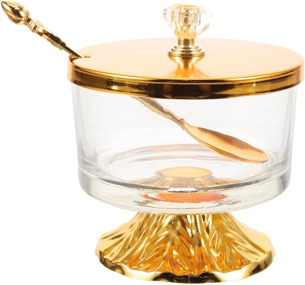 Wrought Iron Glass Seasoning Tank with Lid and Spoon Elegant Salt Canister and Condiment Jar for Kitchen Storage and Pantry Organization 3.93X3.54X3.54 Inches