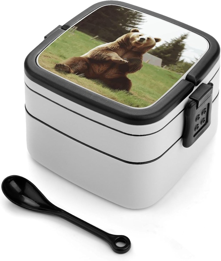 Hi Bear Sit on The Lawn Bento Box Adult Lunch Box All-in-One Lunch Containers with Removable Compartments Double Layer Bento Lunch Box with Spoon And Handle Stackable Lunchbox