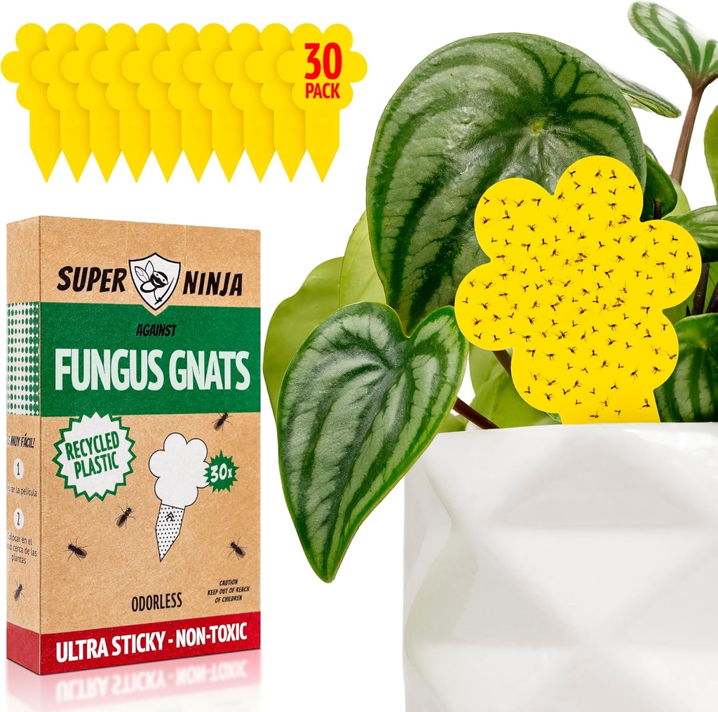 Super Ninja Fungus Gnat Traps - 30 Pack, Highly Effective Gnat Traps for House Indoor, Yellow Sticky Trap for Plants, Non-Toxic & Nature-Friendly, Up to 3 Months