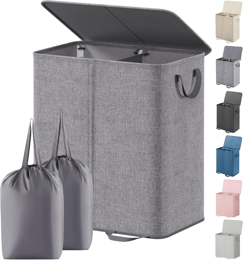 Lifewit Double Laundry Hamper with Lid and Removable Laundry Bags, Large Collapsible 2 Dividers Dirty Clothes Basket with Handles for Bedroom, Laundry Room, Closet, Bathroom, College, 136L Gray