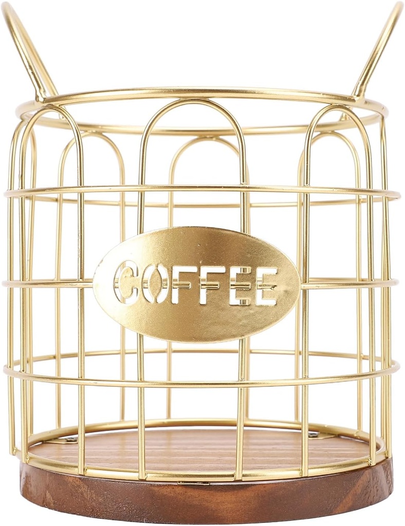 Coffee Pod Holder, Iron Wire Weighte Wooden Base Coffee Basket Black Capsule Storage Basket for Kitchen, Home, Cafe Bar, Countertop Kitchen Decor, Storage Accessories (Gold)